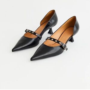 Vintage GANNI Black Leather Kitten Heel Pumps with Strap